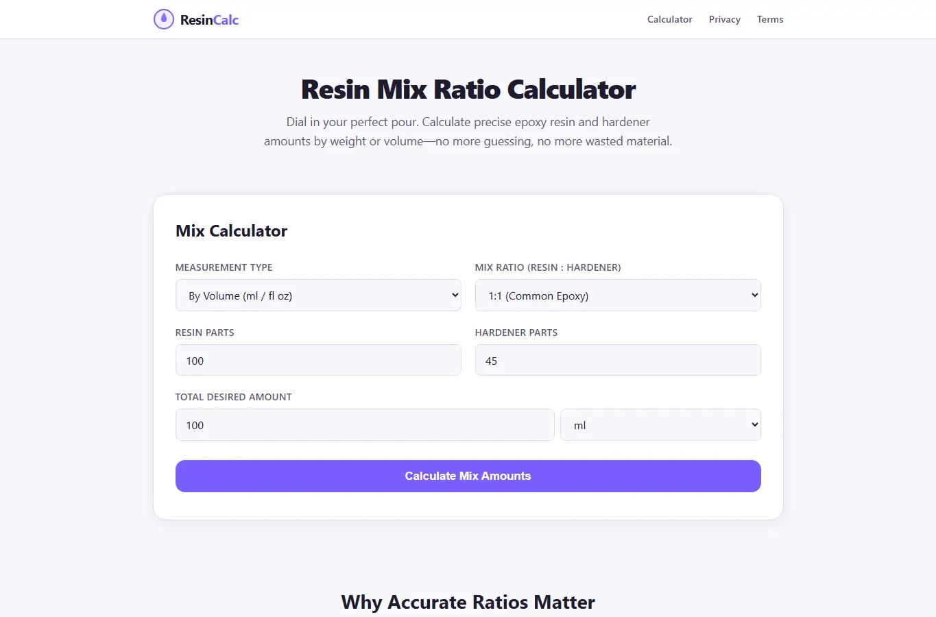 Screenshot of Resin Mix Ratio Calculator | Flawless Epoxy Casting interface showing the project page in use